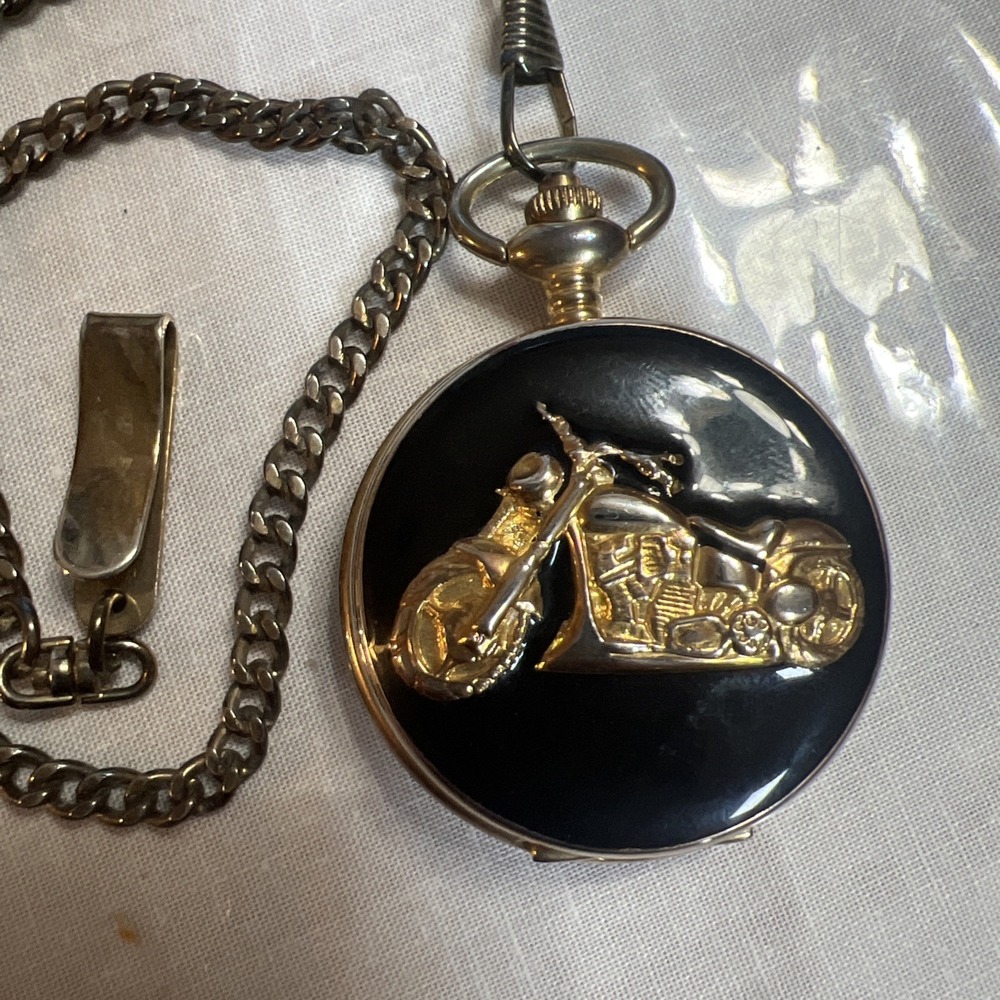 M.Z Berger‎ Quartz Pocket Watch Motorcycle Goldtone  Biker Timepiece New Battery